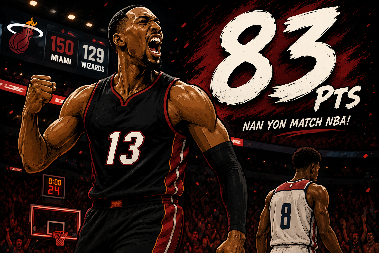 Ilistrasyon AI an stil desen anime sou Bam Adebayo ak pèfòmans 83 pwen li.