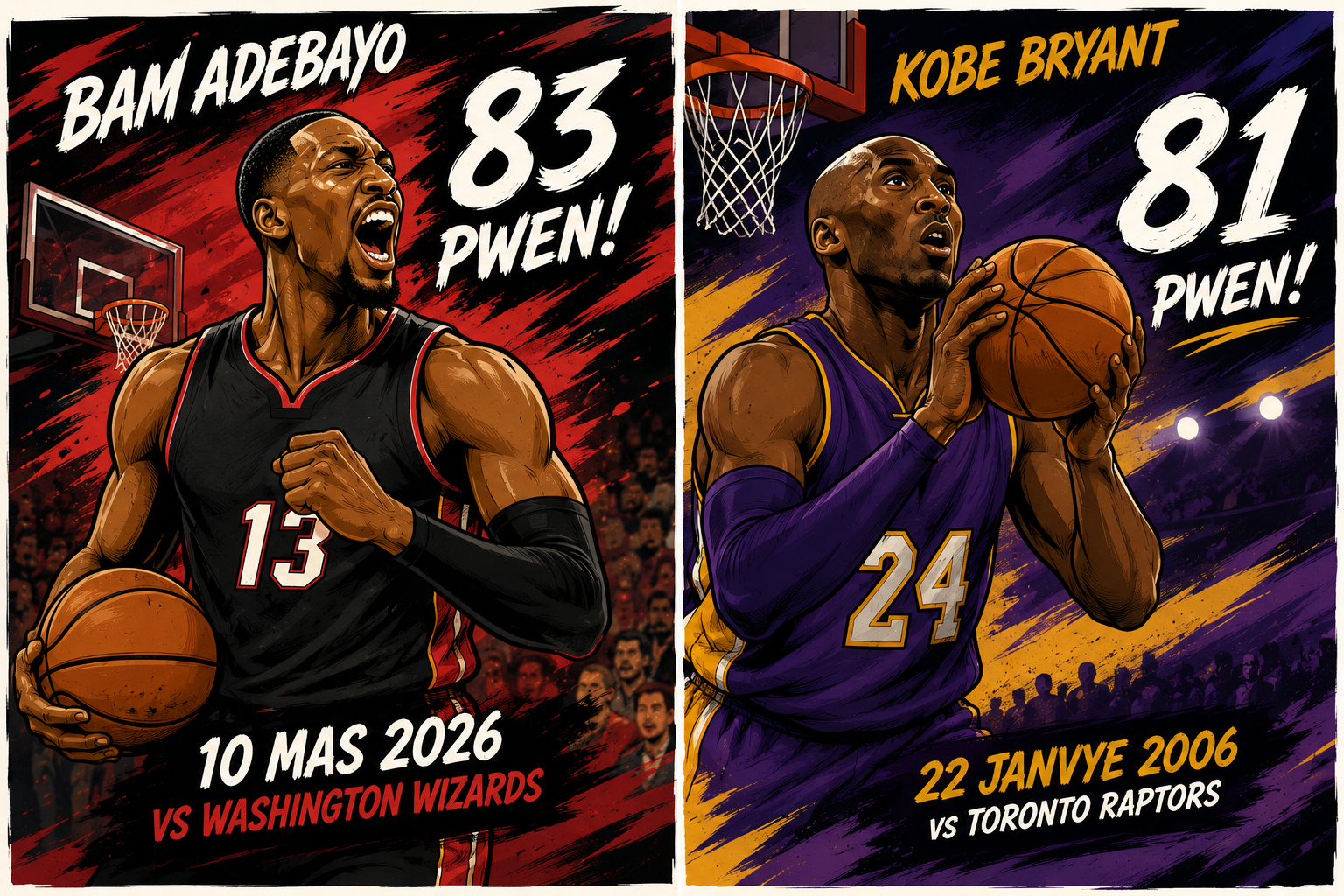 Ilistrasyon AI an stil desen anime ki konpare 83 pwen Bam Adebayo ak 81 pwen Kobe Bryant.