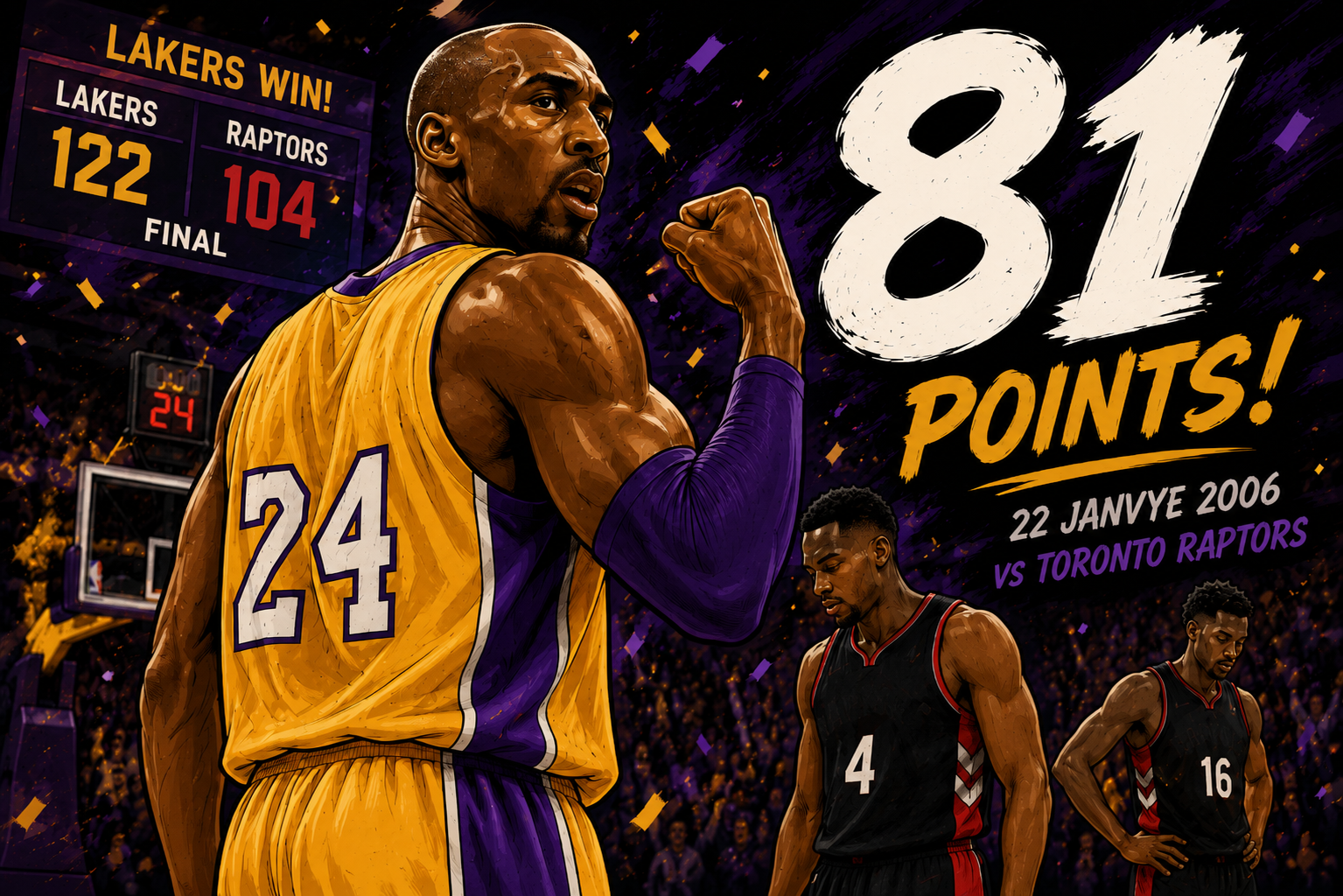 Ilistrasyon AI an stil desen anime sou Kobe Bryant ak pèfòmans 81 pwen li.