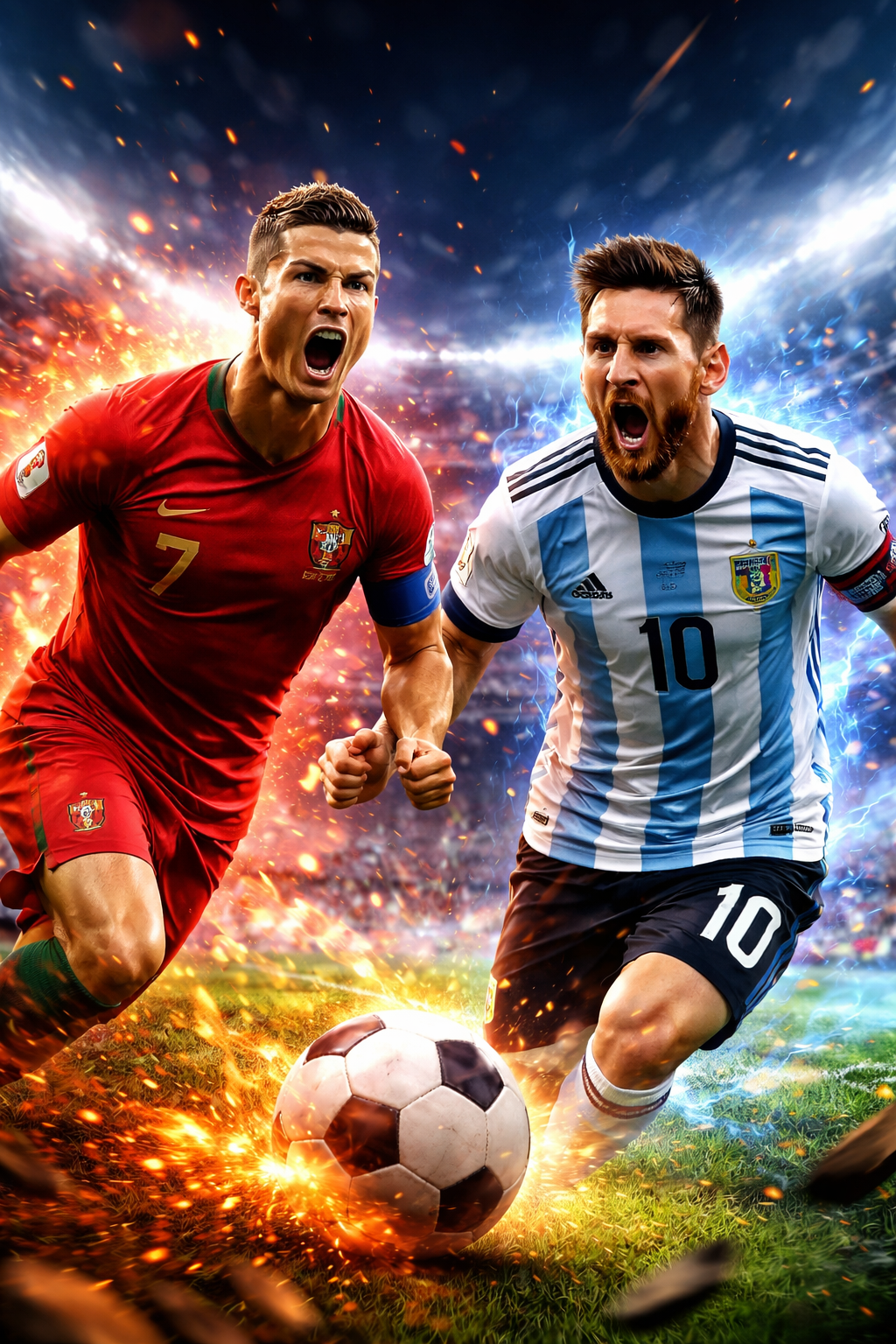 Messi ak Ronaldo nan stil cartoon.